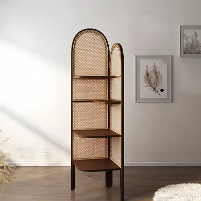 Rattan Wooden 4-tier Corner Bookcase with Closed Back Image - 11