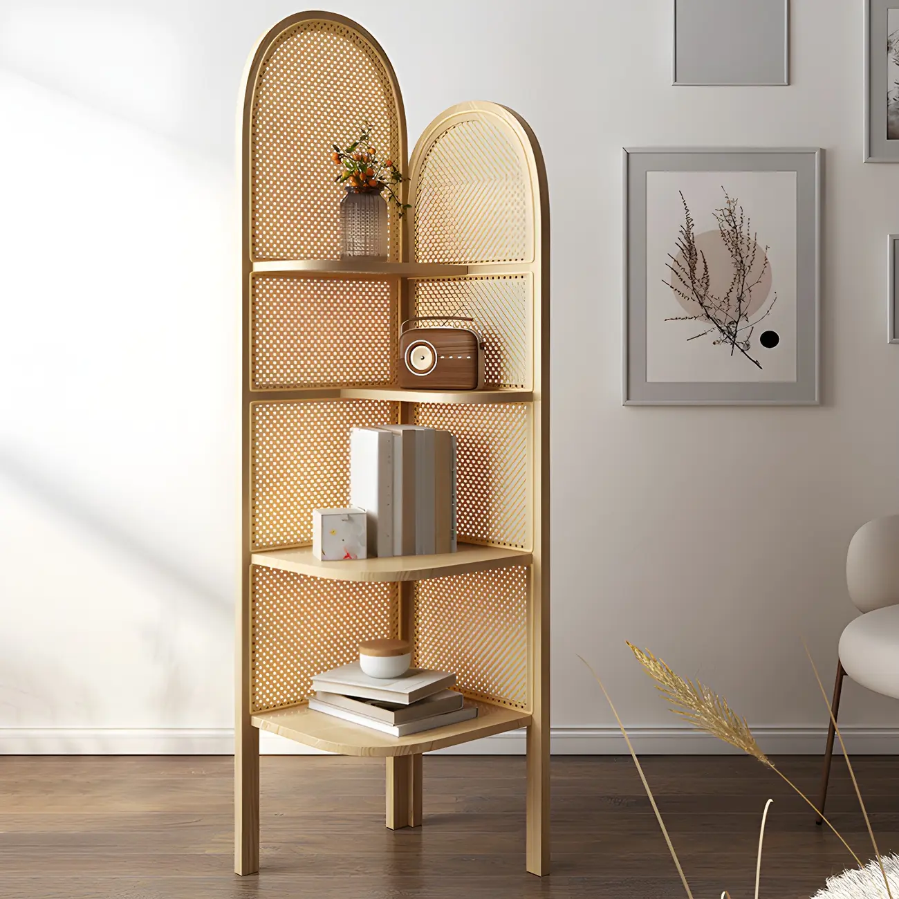 Rattan Wooden 4-tier Corner Bookcase with Closed Back Image - 12 | homeyfad