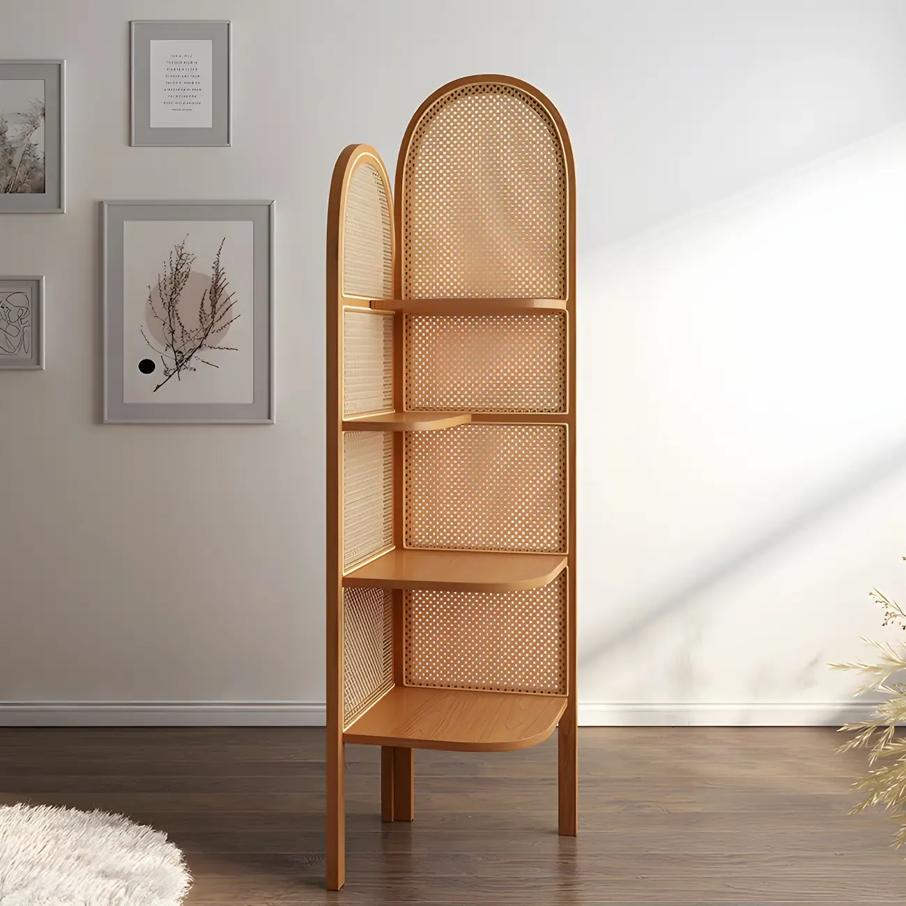 Rattan Wooden 4-tier Corner Bookcase with Closed Back Image - 13