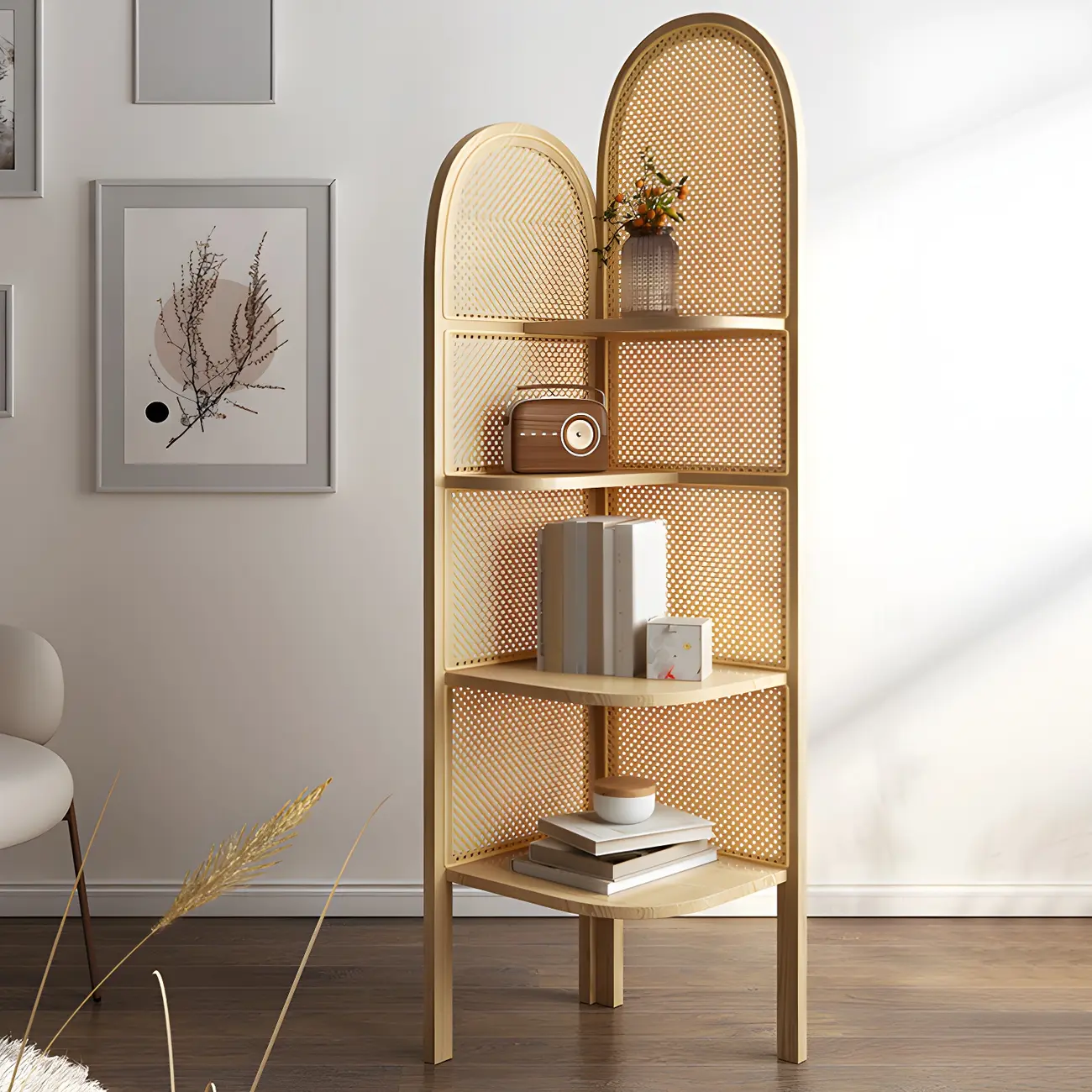 Rattan Wooden 4-tier Corner Bookcase with Closed Back Image - 14 | homeyfad