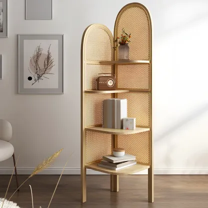 Rattan Wooden 4-tier Corner Bookcase with Closed Back Image - 14