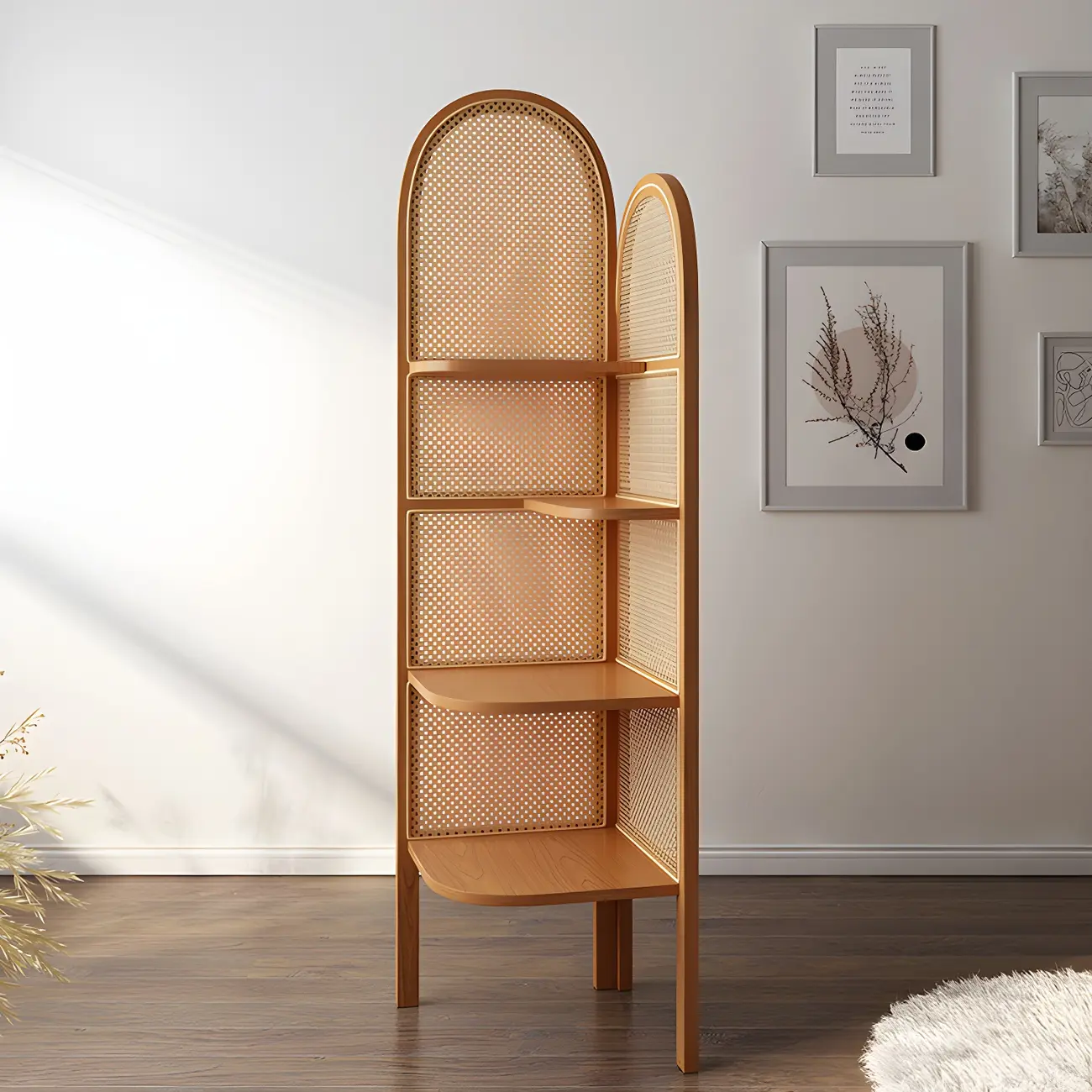 Rattan Wooden 4-tier Corner Bookcase with Closed Back Image - 16 | homeyfad