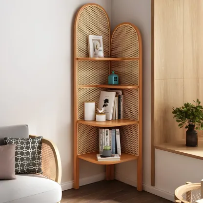 Rattan Wooden 4-tier Corner Bookcase with Closed Back Image - 15