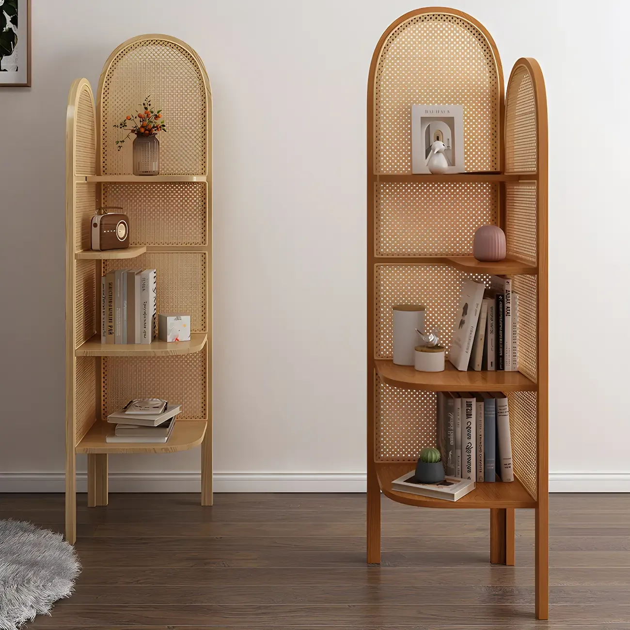 Rattan Wooden 4-tier Corner Bookcase with Closed Back Image - 17