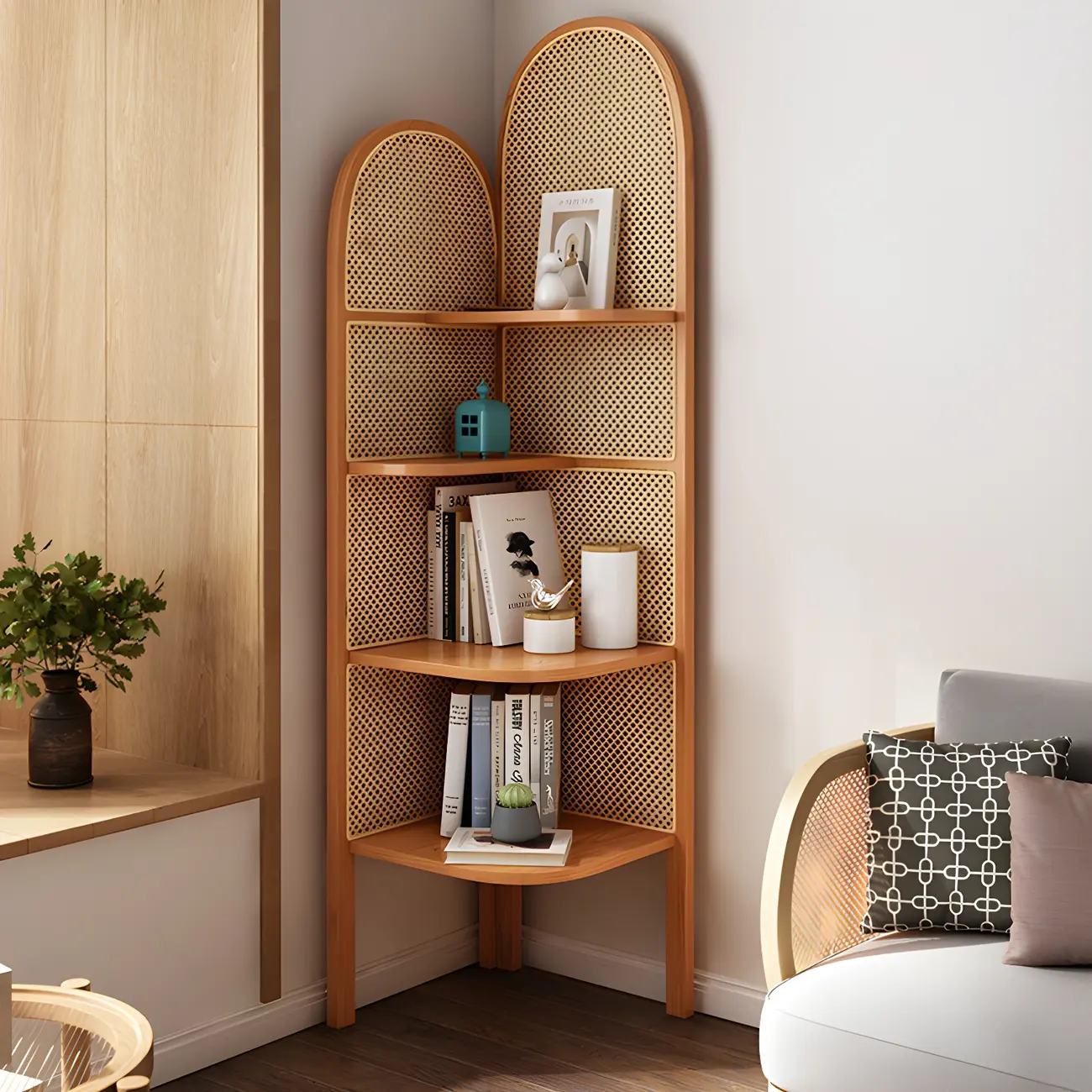 Rattan Wooden 4-tier Corner Bookcase with Closed Back Image - 1 | homeyfad