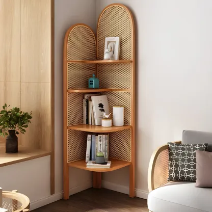 Rattan Wooden 4-tier Corner Bookcase with Closed Back Image - 1