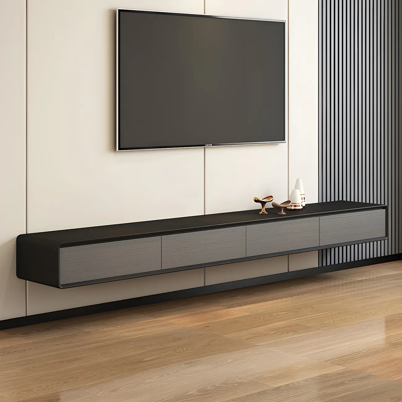 Natural Long Light Wood Floating Cabinet TV Stand Image - 12 | homeyfad