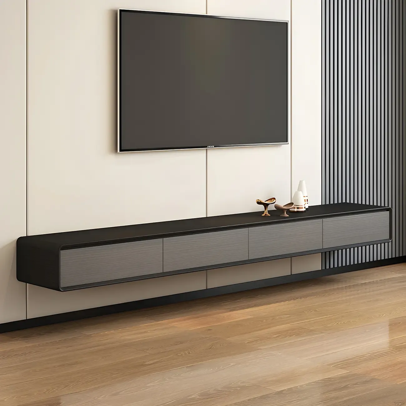 Natural Long Light Wood Floating Cabinet TV Stand Image - 12