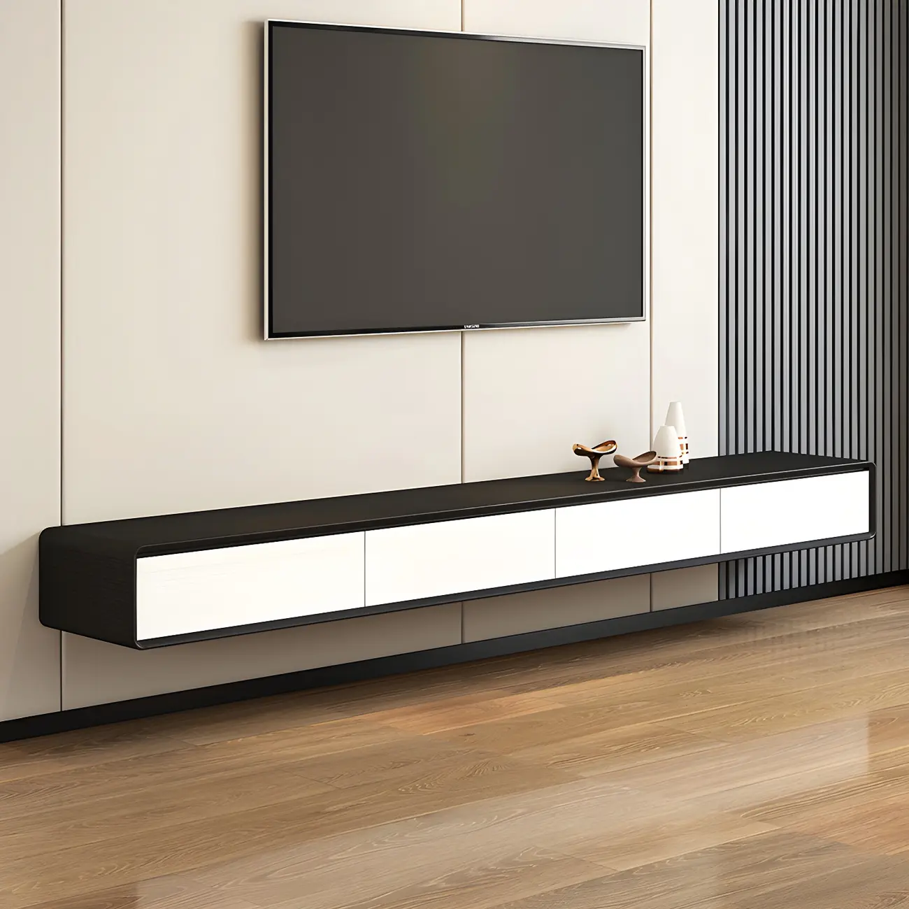 Natural Long Light Wood Floating Cabinet TV Stand Image - 14 | homeyfad