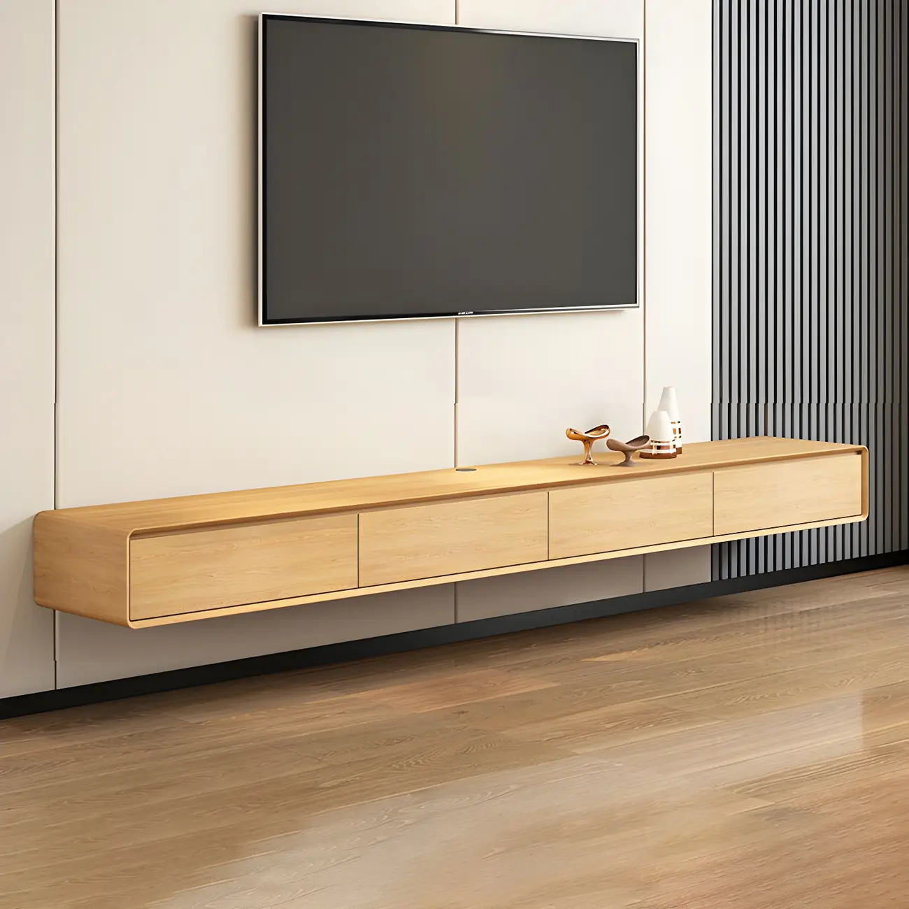 Natural Long Light Wood Floating Cabinet TV Stand Image - 1 | homeyfad