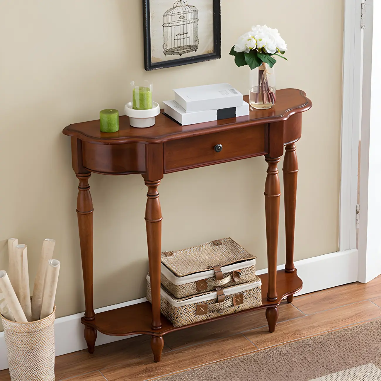 Brown Wood Floor Shelf Console Table with Drawers Image - 1 | homeyfad