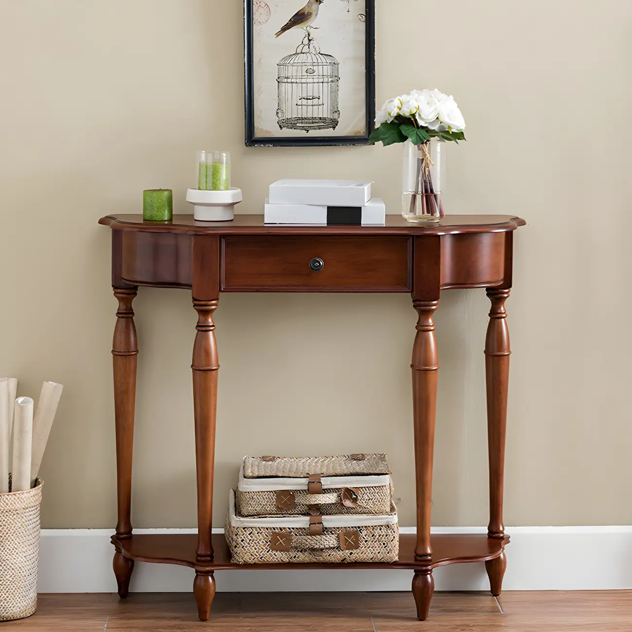 Brown Wood Floor Shelf Console Table with Drawers Image - 2 | homeyfad