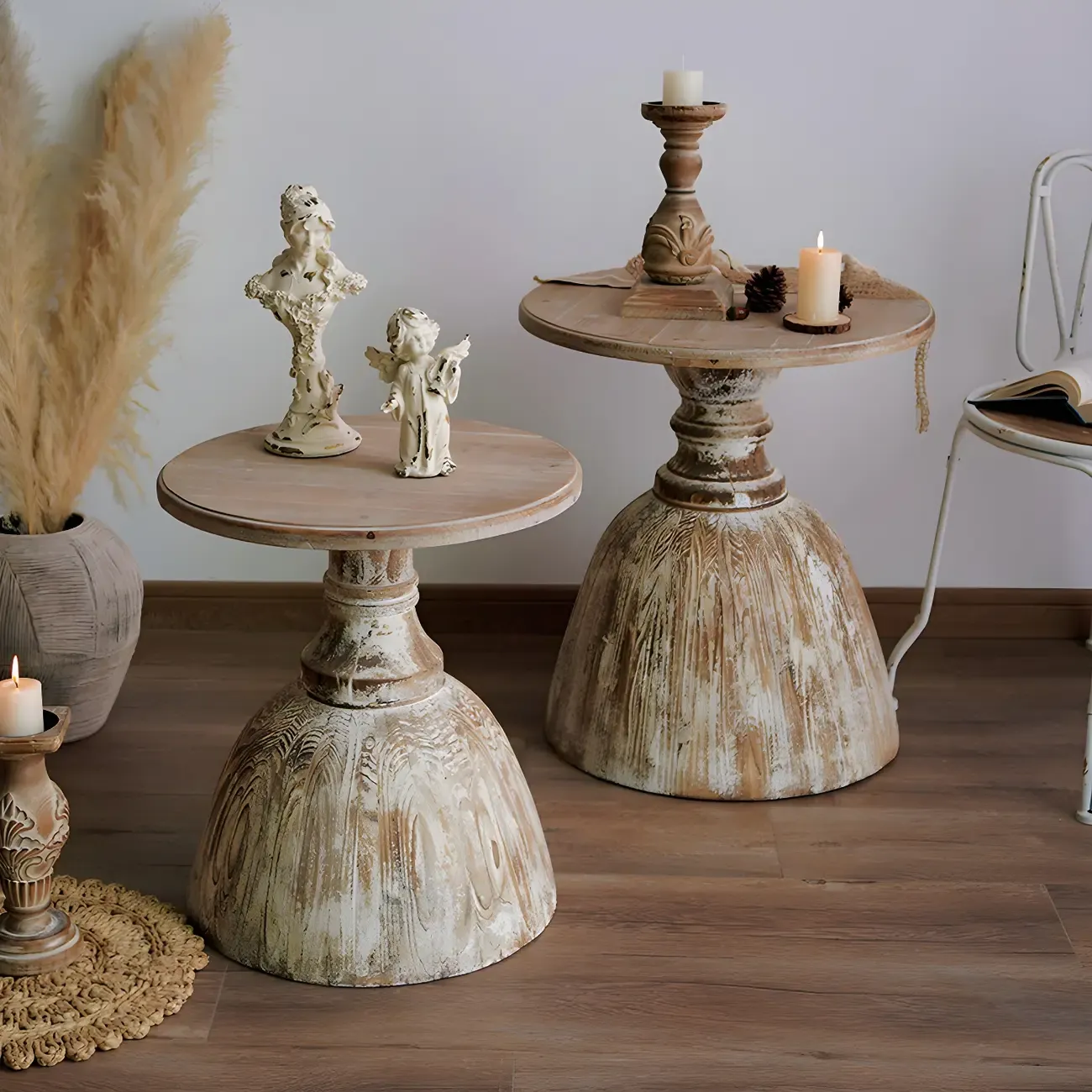 Rustic Natural Wood Pedestal Round Side Table for Living Room Image - 1