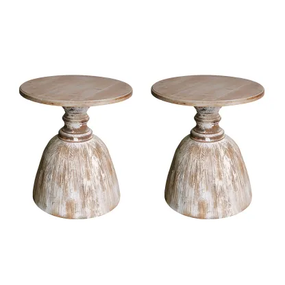 Rustic Natural Wood Pedestal Round Side Table for Living Room Image - 3