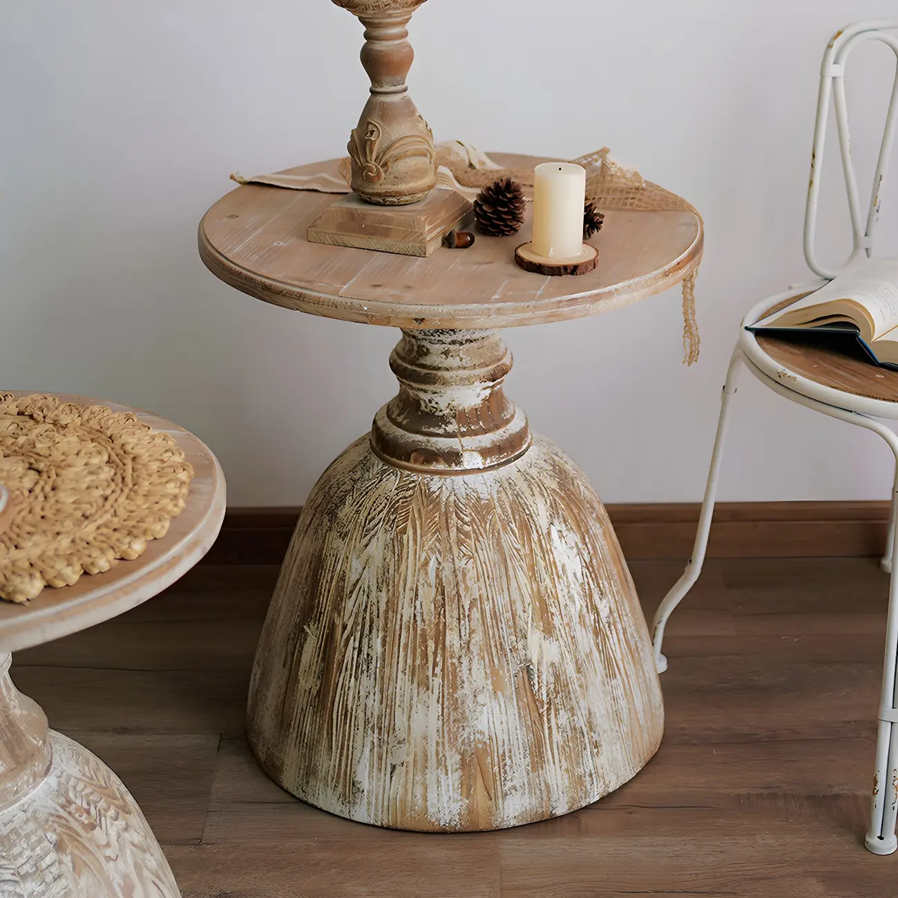 Rustic Natural Wood Pedestal Round Side Table for Living Room Image - 4 | homeyfad