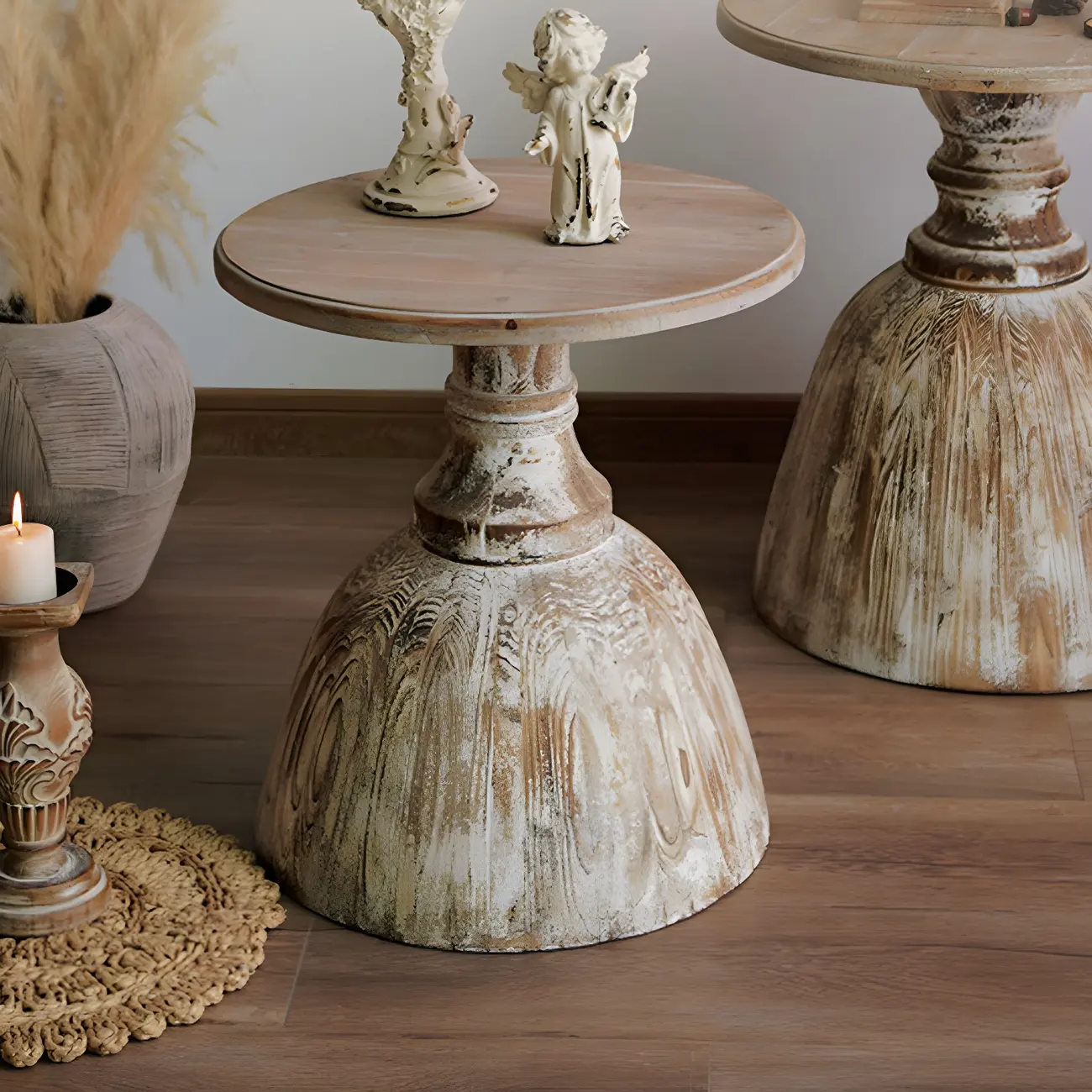 Rustic Natural Wood Pedestal Round Side Table for Living Room Image - 5 | homeyfad