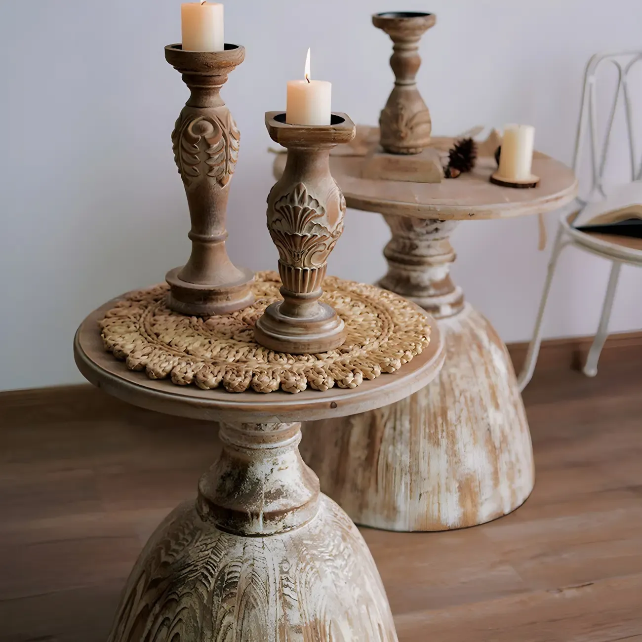 Rustic Natural Wood Pedestal Round Side Table for Living Room Image - 10