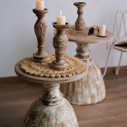 Rustic Natural Wood Pedestal Round Side Table for Living Room Image - 10