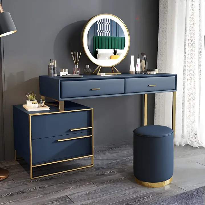 blue leather makeup vanity