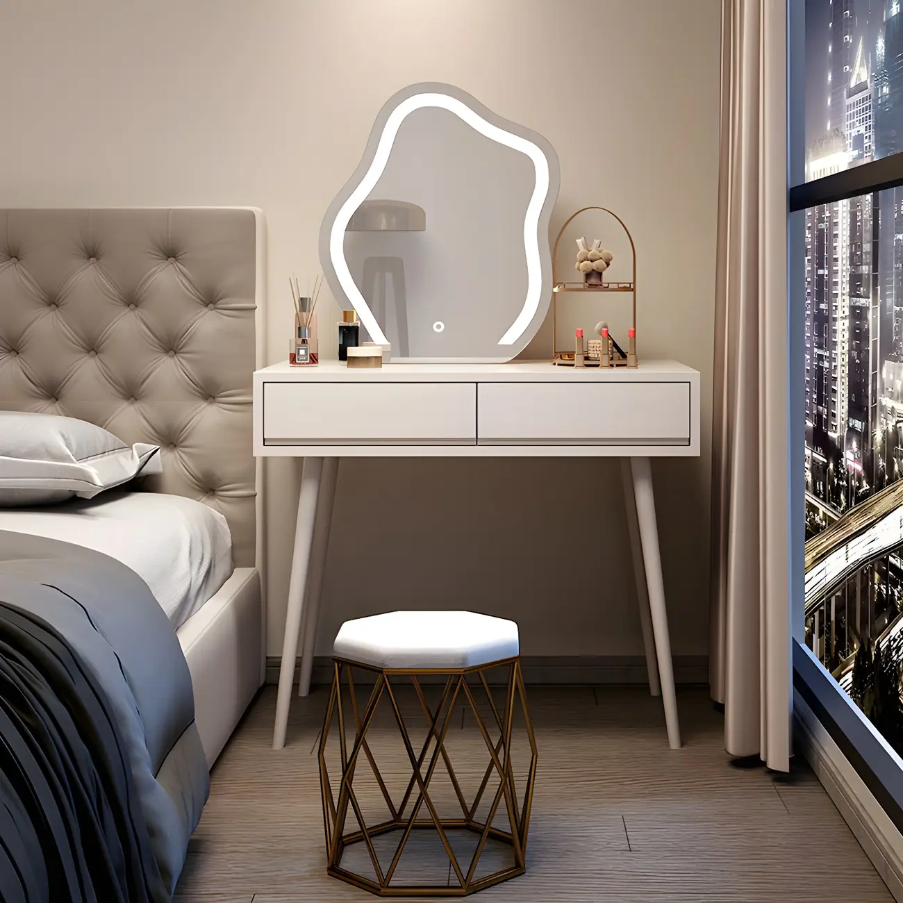 Modern White Wood Makeup Vanity with LED Mirror for Bedroom Image - 5 | homeyfad