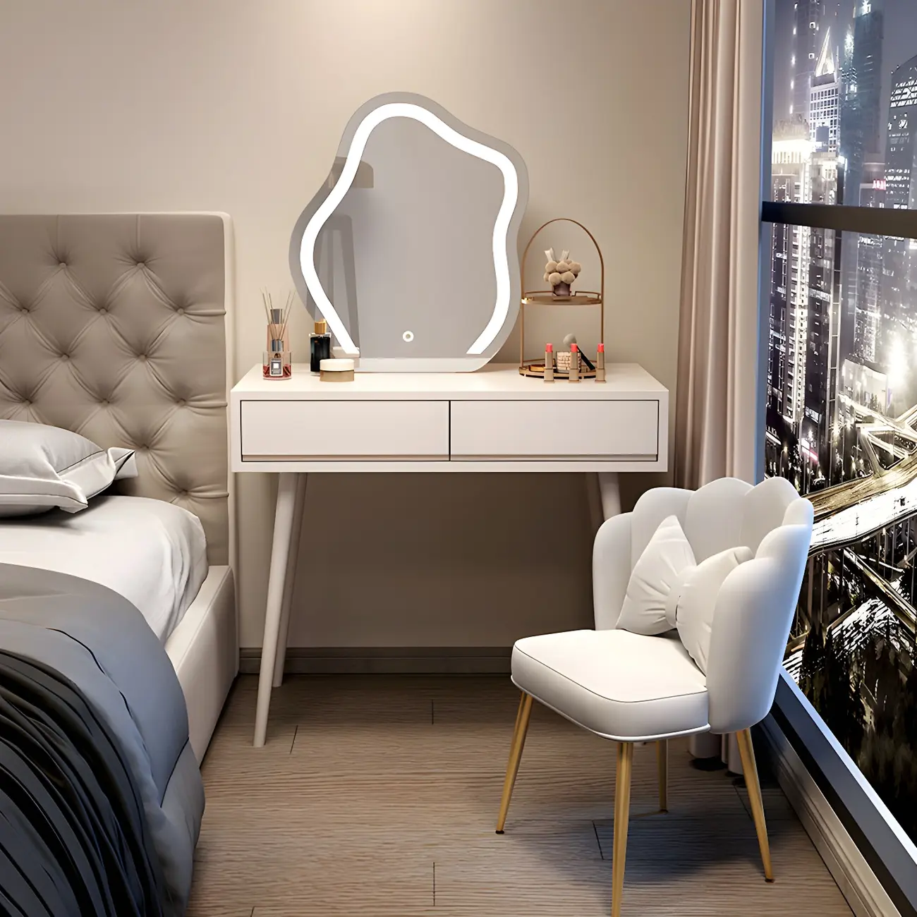 Modern White Wood Makeup Vanity with LED Mirror for Bedroom Image - 1 | homeyfad