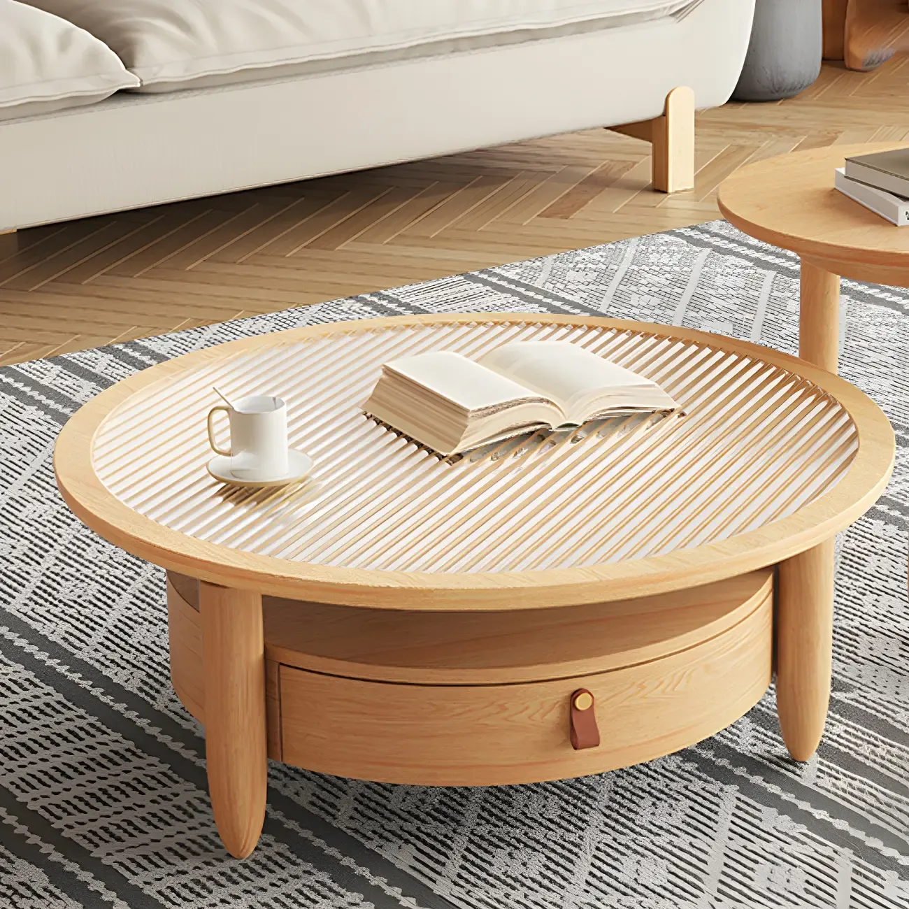 Brown Round Modern Wood Glass Drawer Coffee Table Image - 1