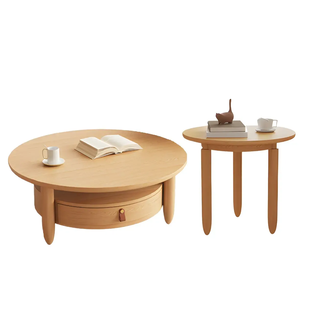 Brown Round Modern Wood Glass Drawer Coffee Table Image - 10