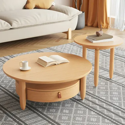 Brown Round Modern Wood Glass Drawer Coffee Table Image - 3