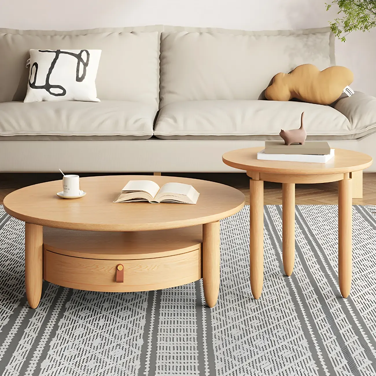 Brown Round Modern Wood Glass Drawer Coffee Table Image - 4