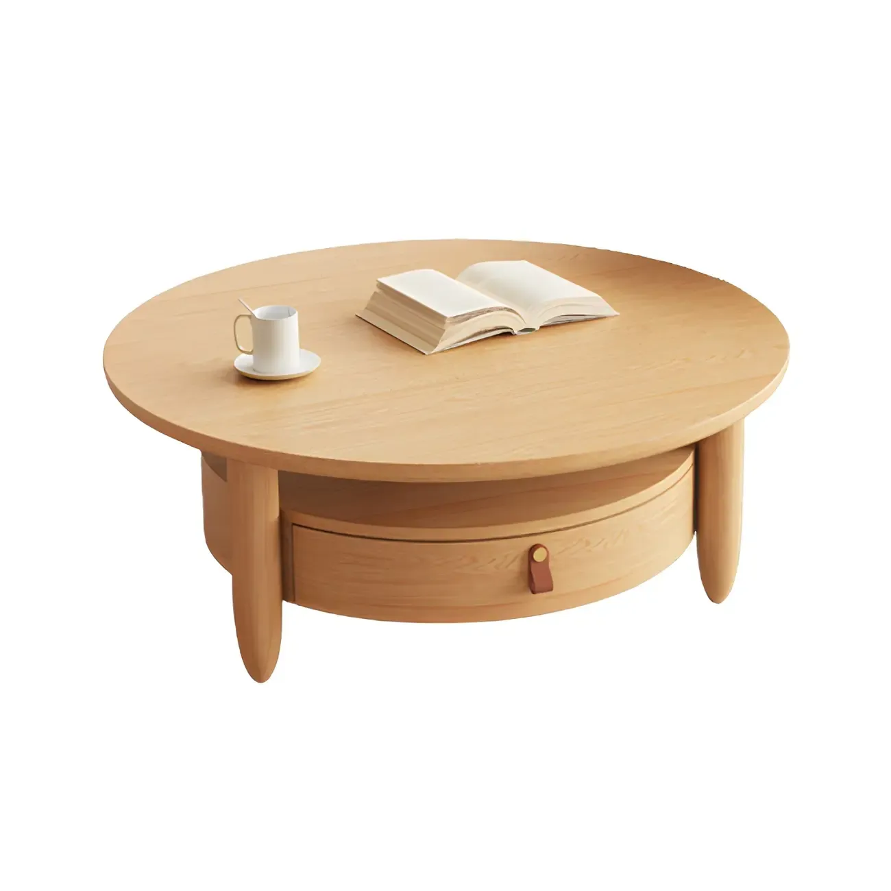 Brown Round Modern Wood Glass Drawer Coffee Table Image - 13