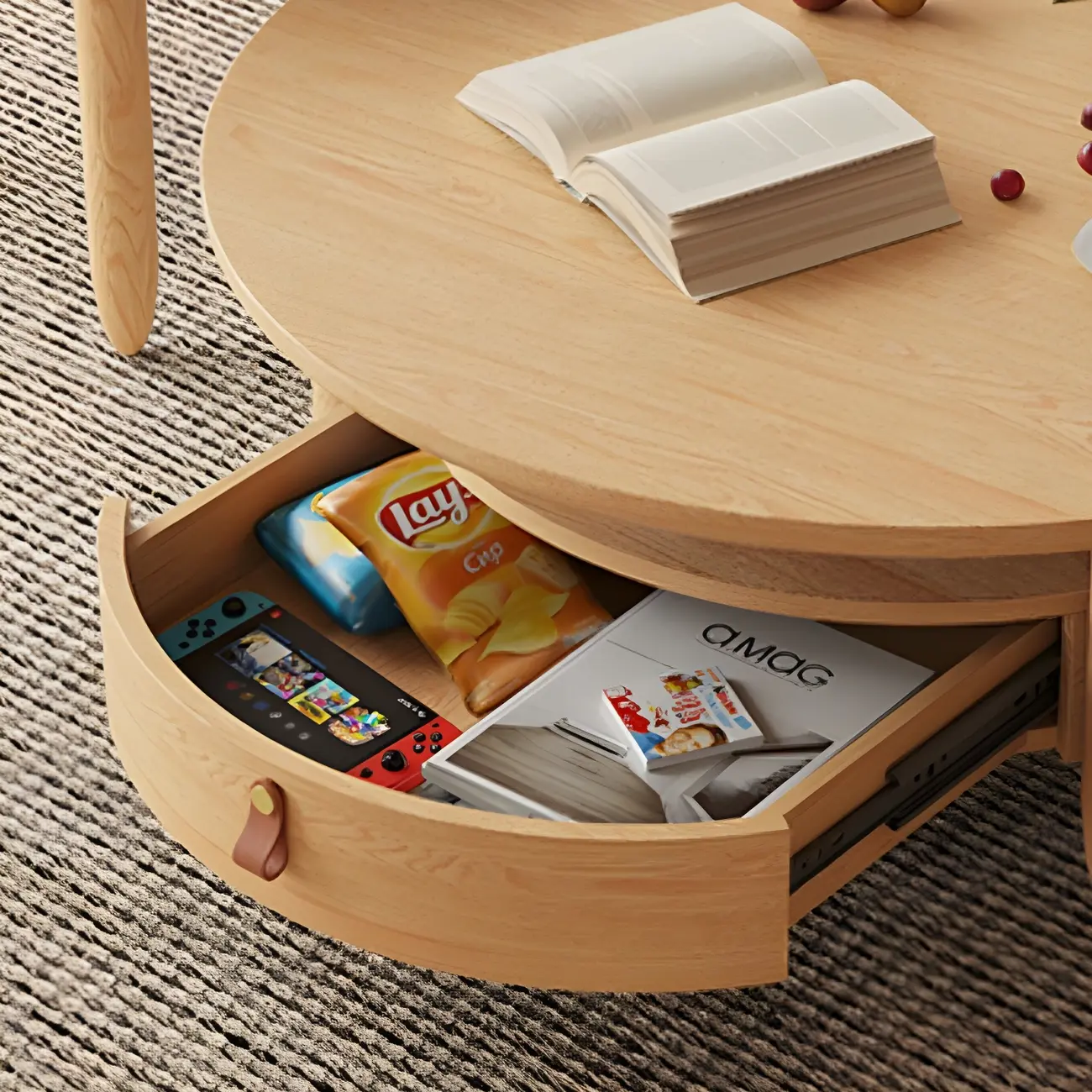 Brown Round Modern Wood Glass Drawer Coffee Table Image - 7 | homeyfad