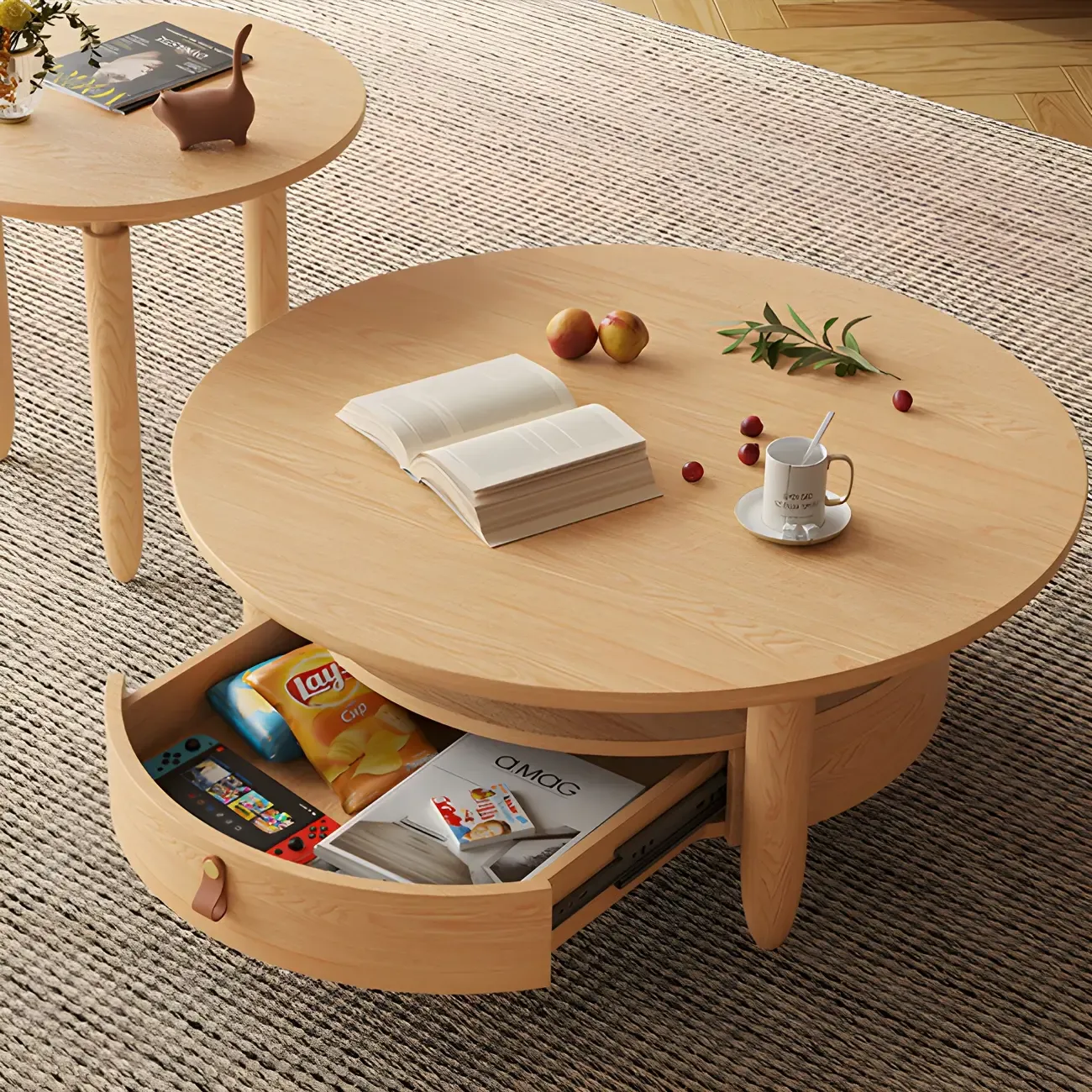 Brown Round Modern Wood Glass Drawer Coffee Table Image - 2