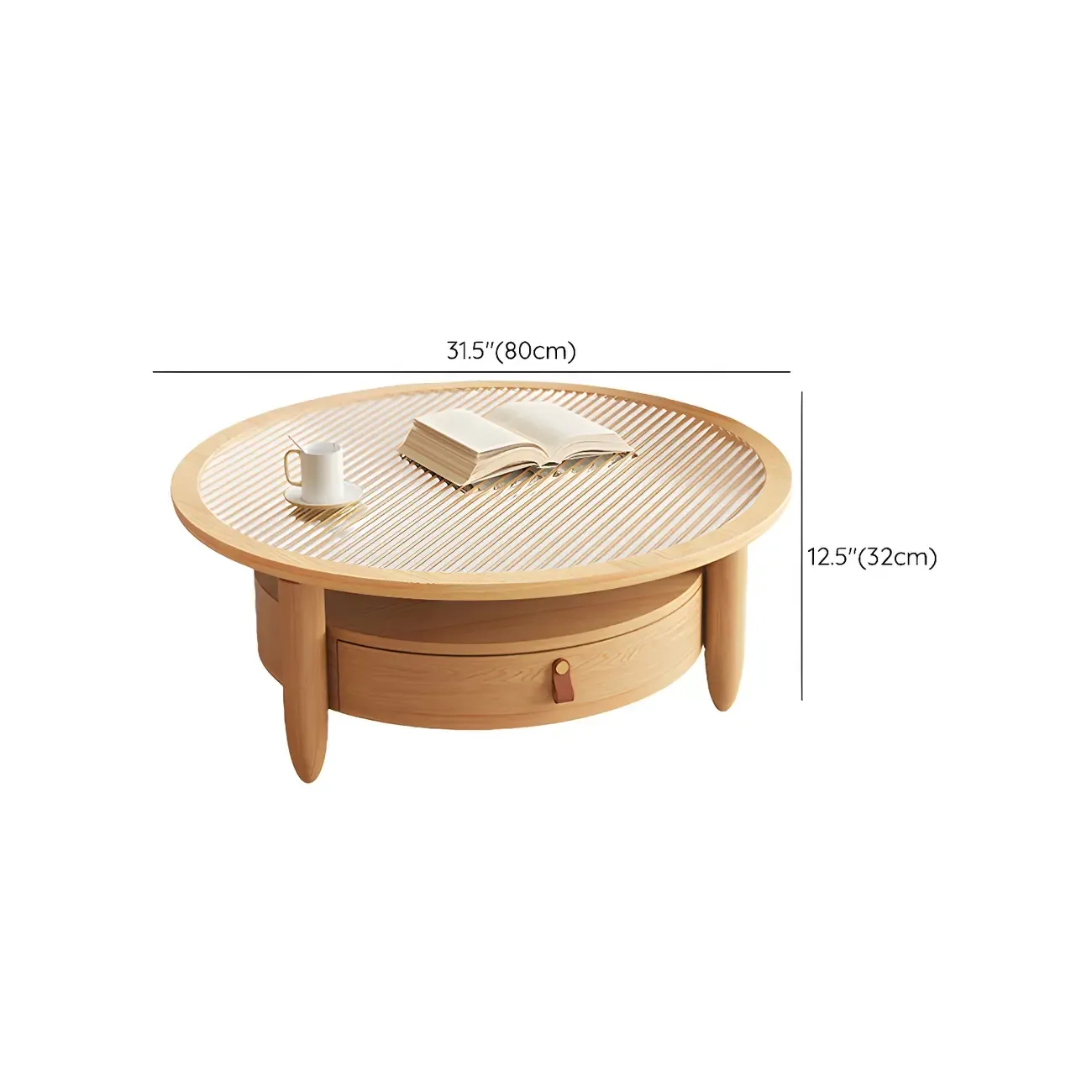 Brown Round Modern Wood Glass Drawer Coffee Table Image - 16