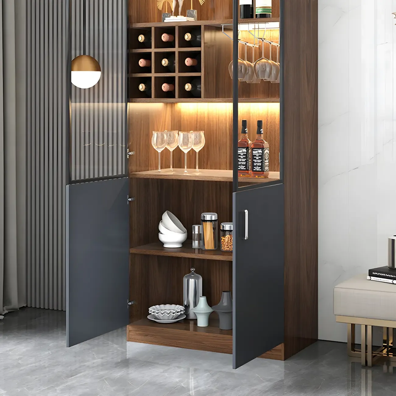 Stylish Wooden Display Cabinet with Glass Doors for Home Image - 6