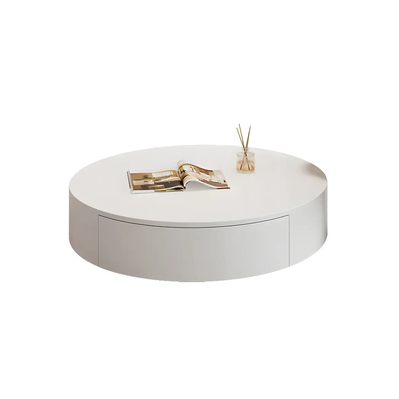 Pure White Round Modern Wood Drawer Coffee Table Image - 6
