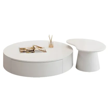 Pure White Round Modern Wood Drawer Coffee Table Image - 7