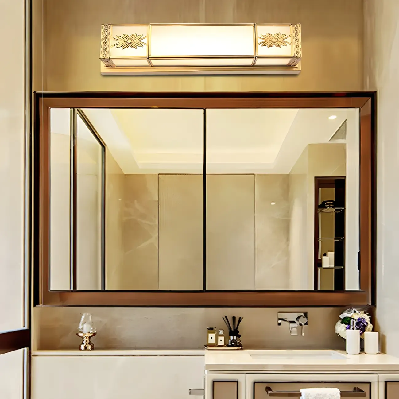 Gold Trim Vanity Bar Light with Glass Shade for Bathroom Image - 5