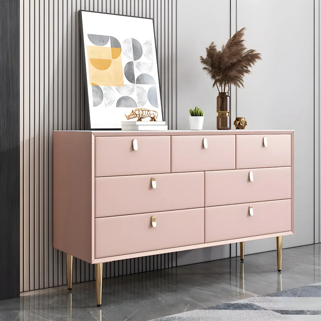 Traditional Stone Dresser in Orange with Metal legs for Home Image - 3