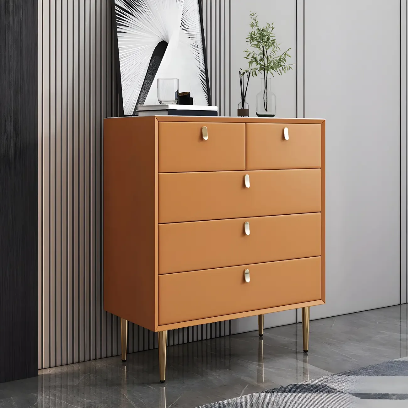 Traditional Stone Dresser in Orange with Metal legs for Home Image - 6