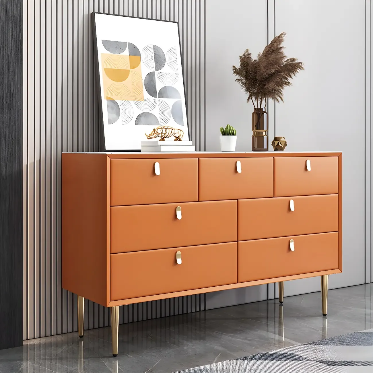 Traditional Stone Dresser in Orange with Metal legs for Home Image - 31