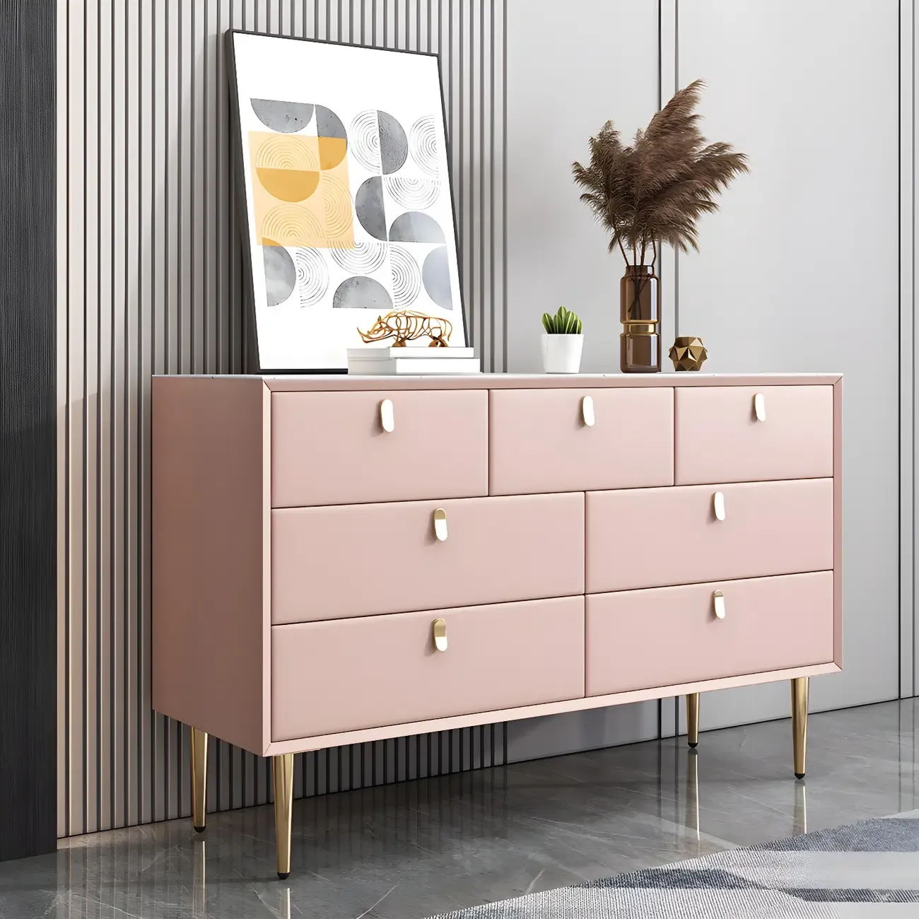 Traditional Stone Dresser in Orange with Metal legs for Home Image - 32