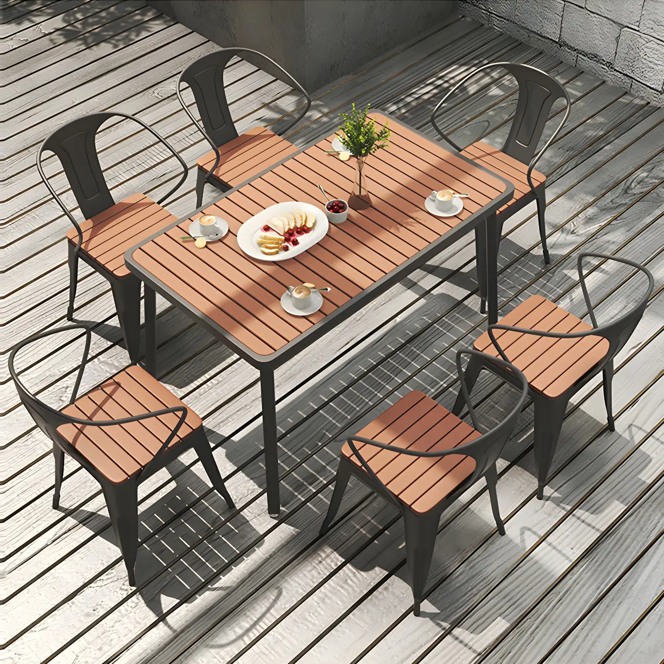 Brown Slatted Metal Leg Outdoor Dining Table Image - 1 | homeyfad