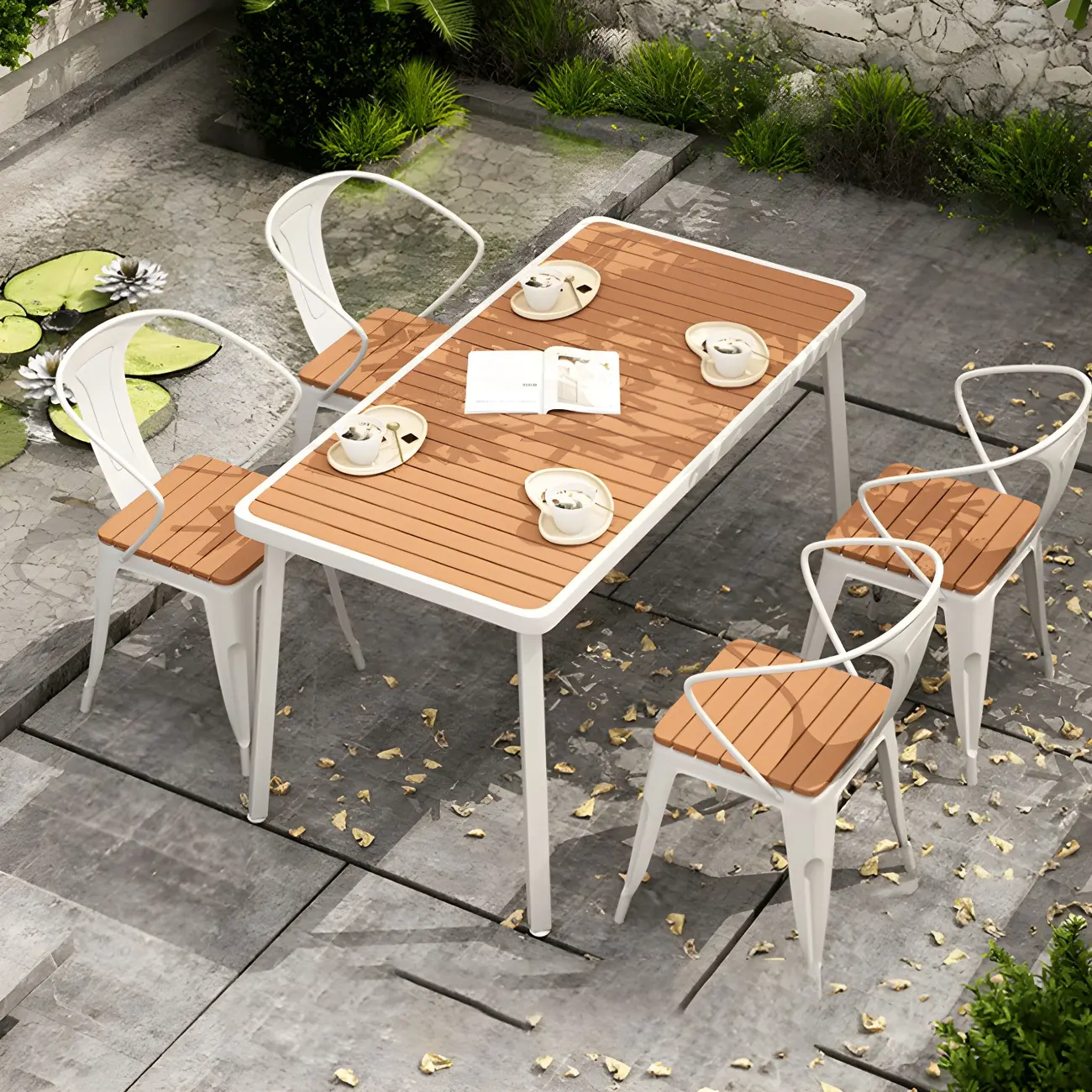 Brown Slatted Metal Leg Outdoor Dining Table Image - 2 | homeyfad