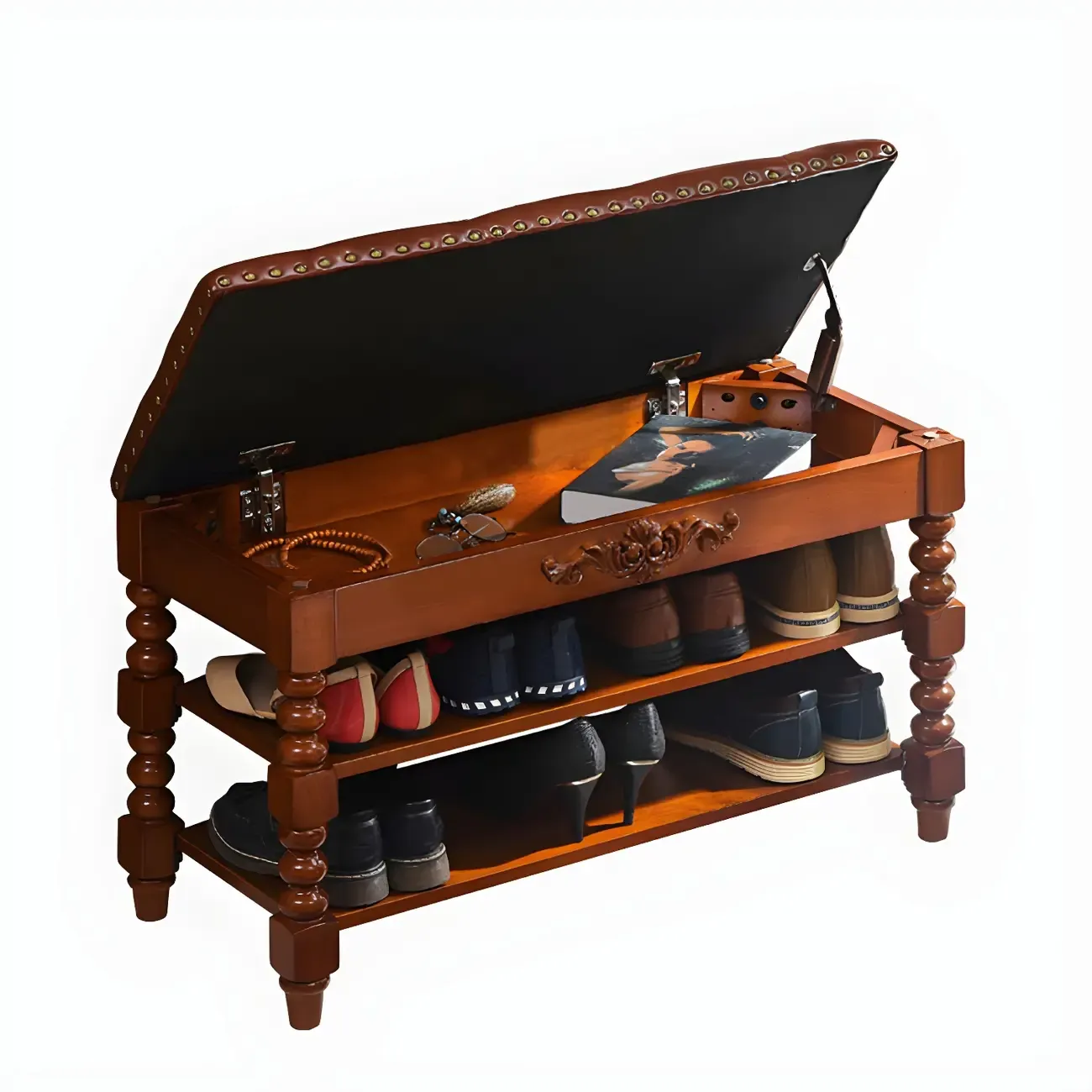 Victorian Solid Wood Flip-Top Shoe Storage Entryway Bench Image - 7