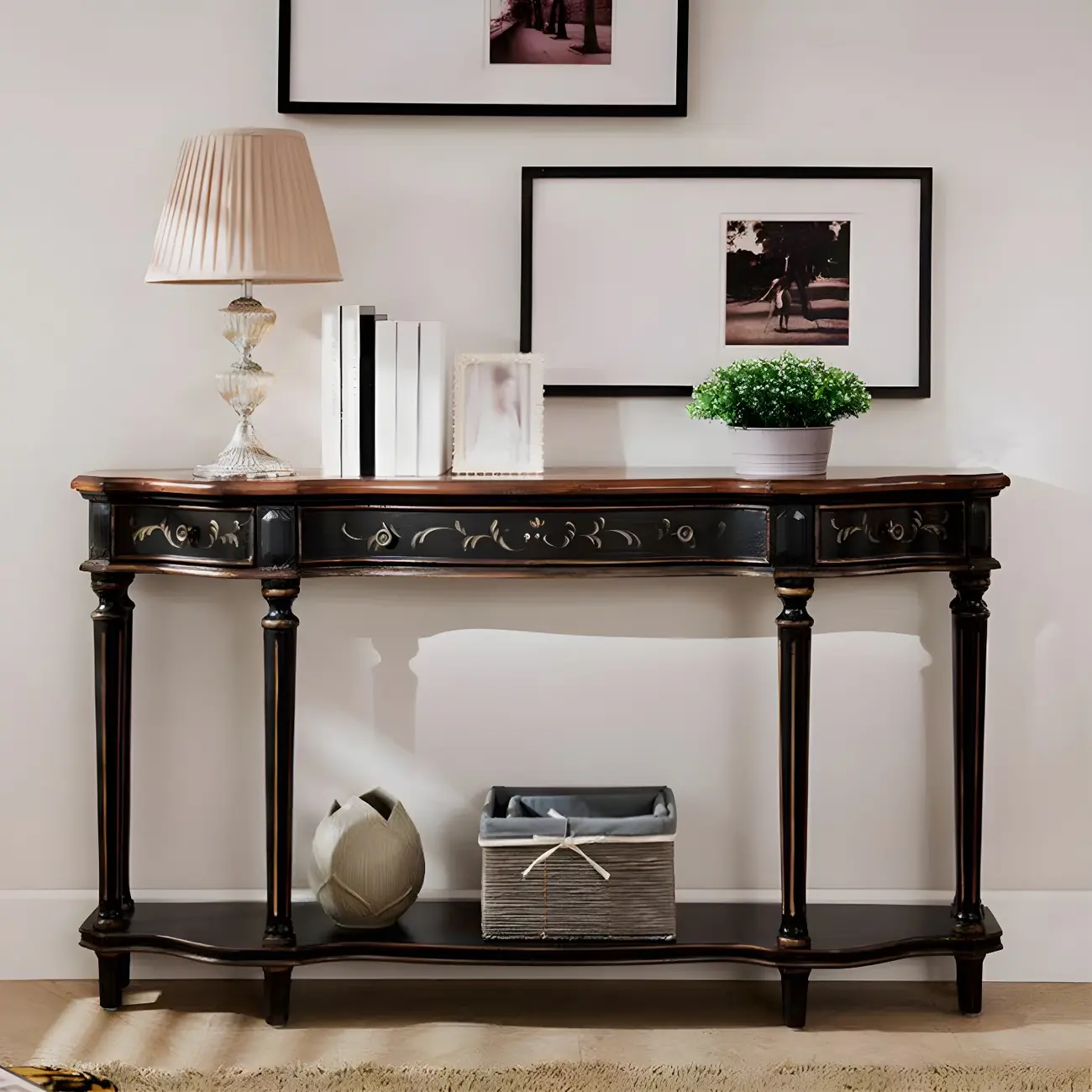Victorian Floor Shelf Wood Console Table with Drawer Image - 3 | homeyfad