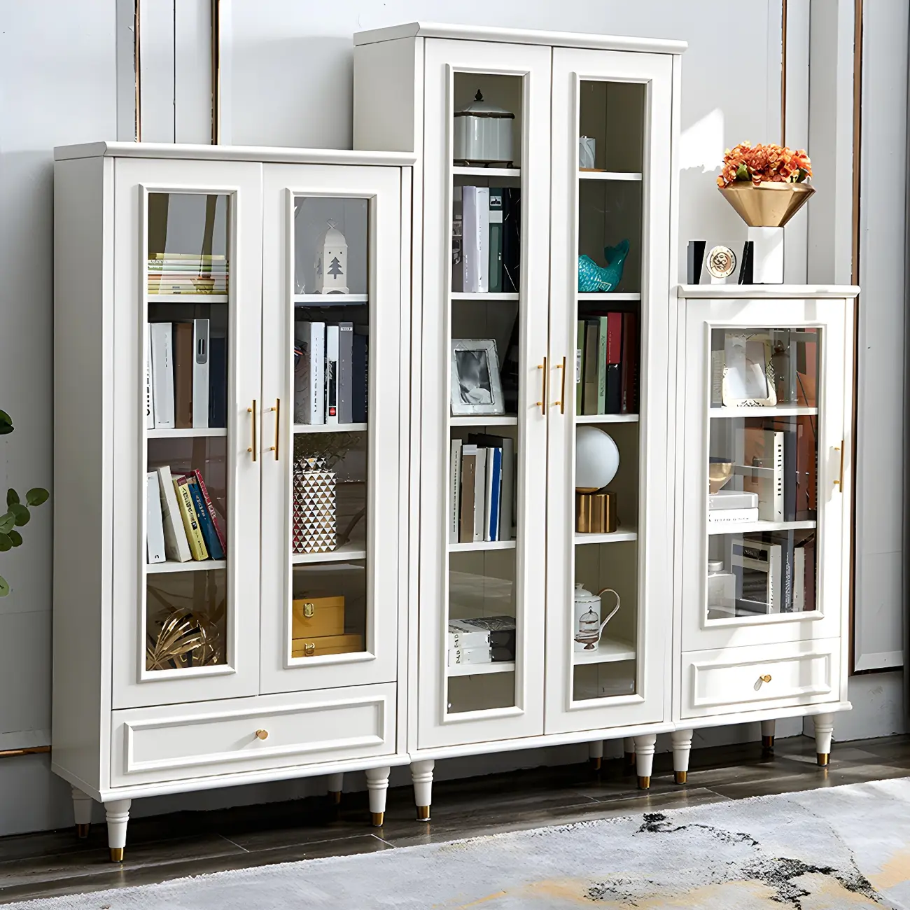 Modern White Engineered Wood Glass Door Bookcase | homeyfad