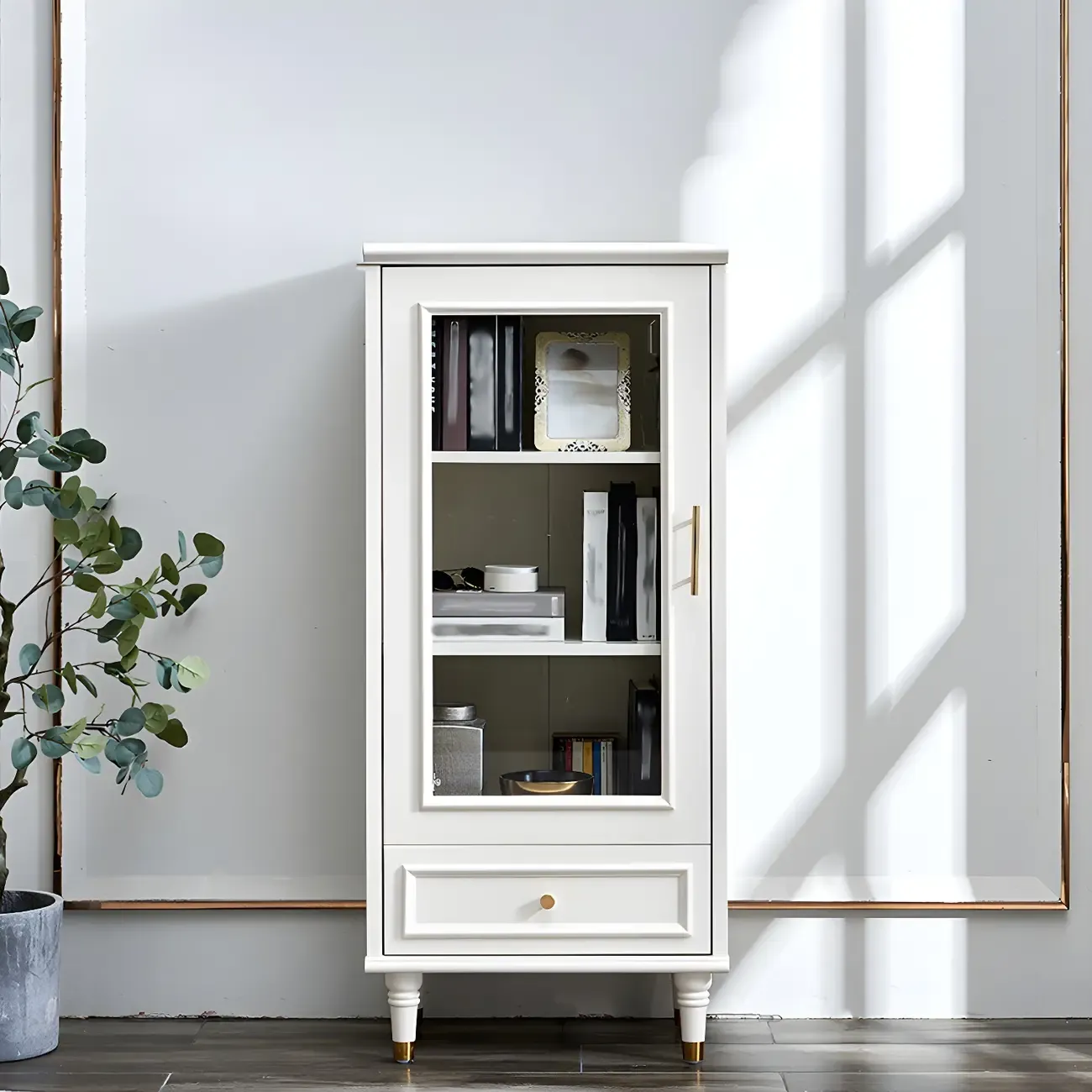 Modern White Engineered Wood Glass Door Bookcase