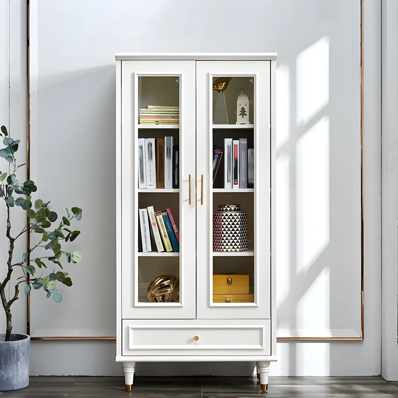 Modern White Engineered Wood Glass Door Bookcase | homeyfad