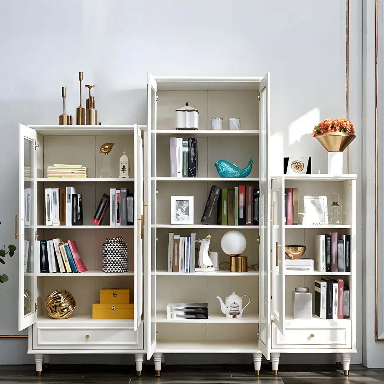 Modern White Engineered Wood Glass Door Bookcase