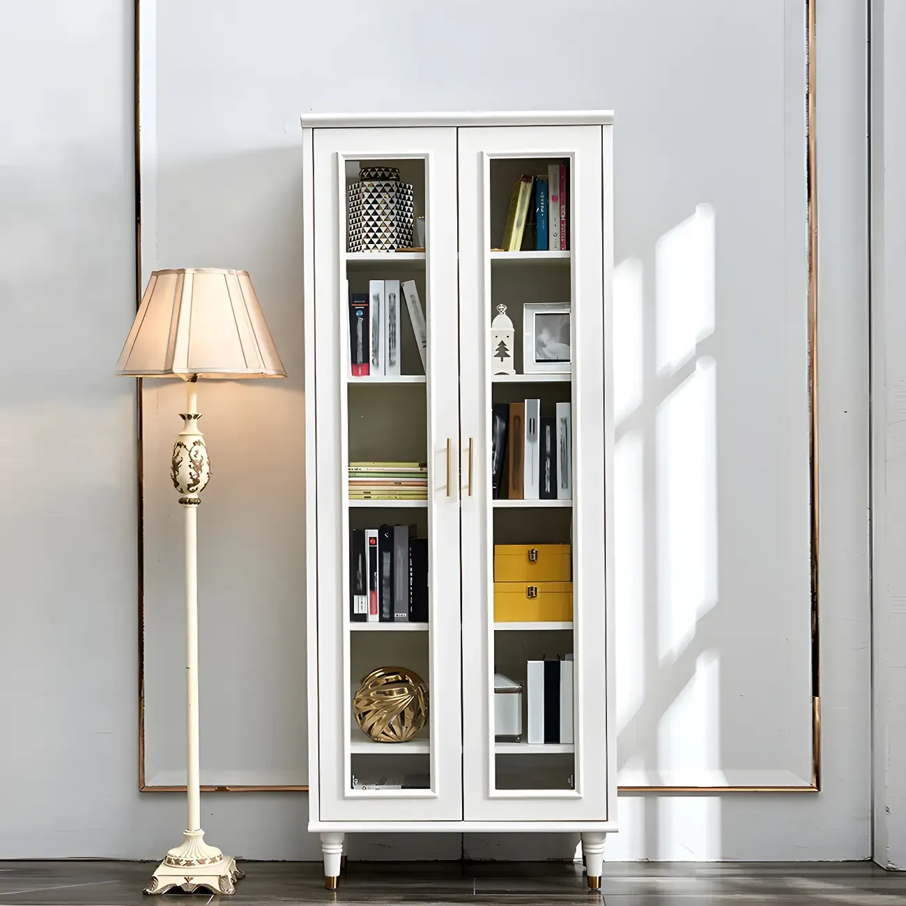 Modern White Engineered Wood Glass Door Bookcase